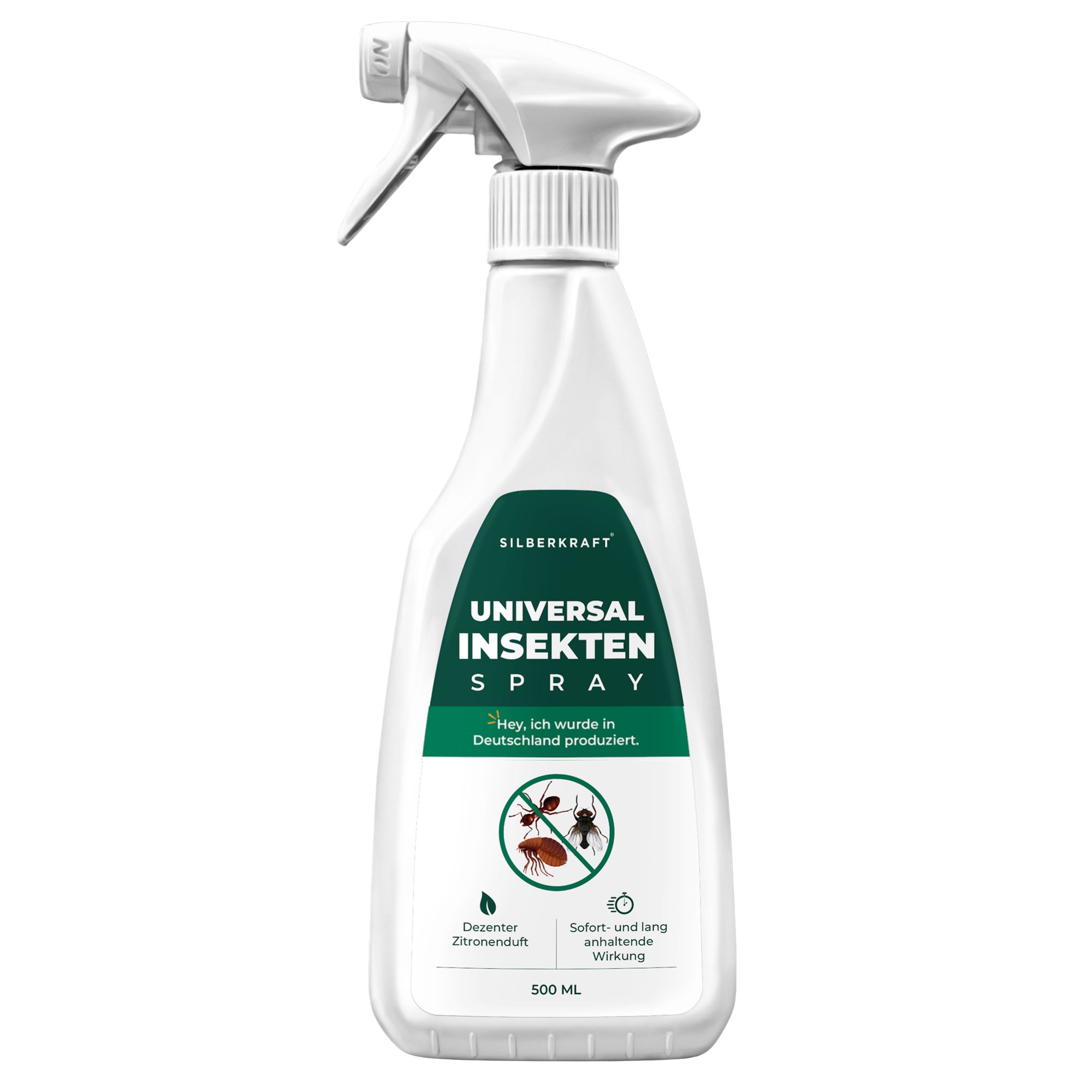 Weiße Sprühflasche SILBERKRAFT Universal Insektenspray, 500 ml, mit Etikett, das "Dezenter Zitronenduft" und "Sofort- und lang anhaltende Wirkung" angibt.