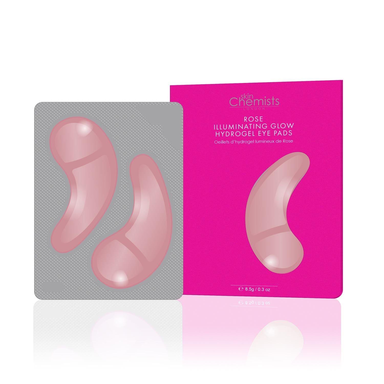 Zwei rosa Hydrogel-Augenpads in Blisterverpackung, daneben eine pinkfarbene Schachtel mit Produktinformationen.