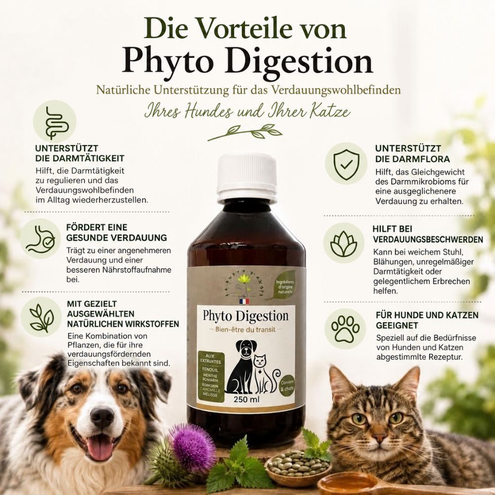 Braune Glasflasche mit weißem Verschluss, Etikett mit Hund- und Katzensilhouette, 250ml.