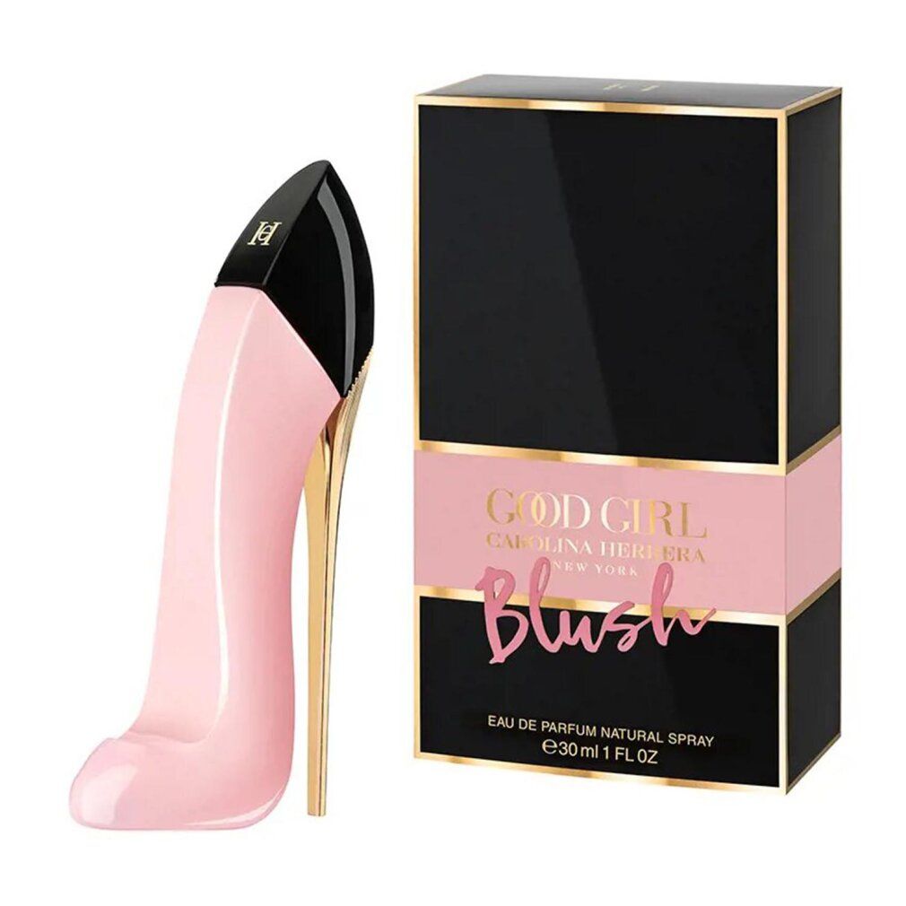 Ein rosa Pumps-Parfümflakon mit goldenem Absatz neben einer schwarzen Verpackungsbox mit rosa Akzenten.