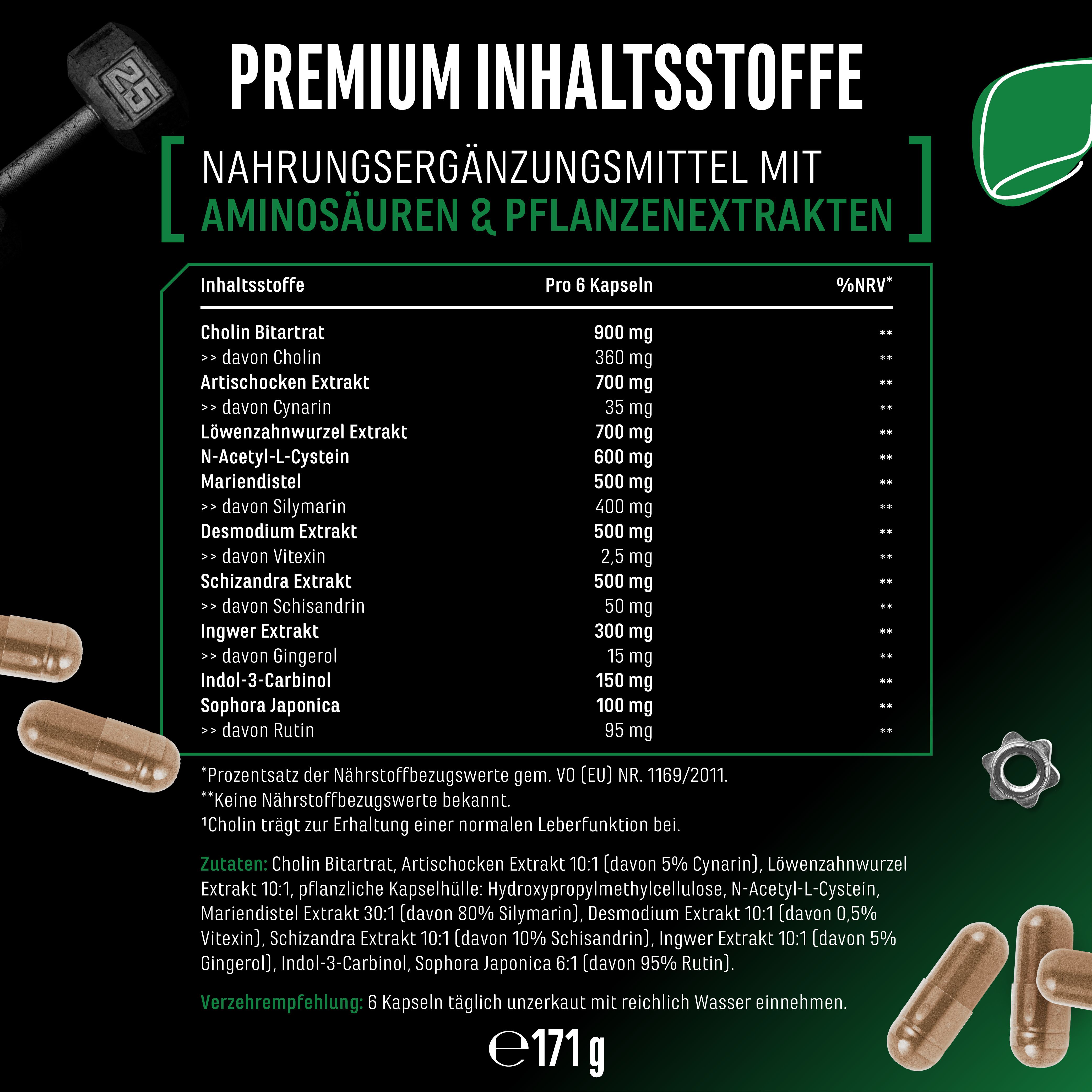 Nahrungsergänzungsmittel mit Aminosäuren und Pflanzenextrakten. Auflistung der Inhaltsstoffe pro 6 Kapseln, inkl. Cholin, Artischockenextrakt, Mariendistel, etc.