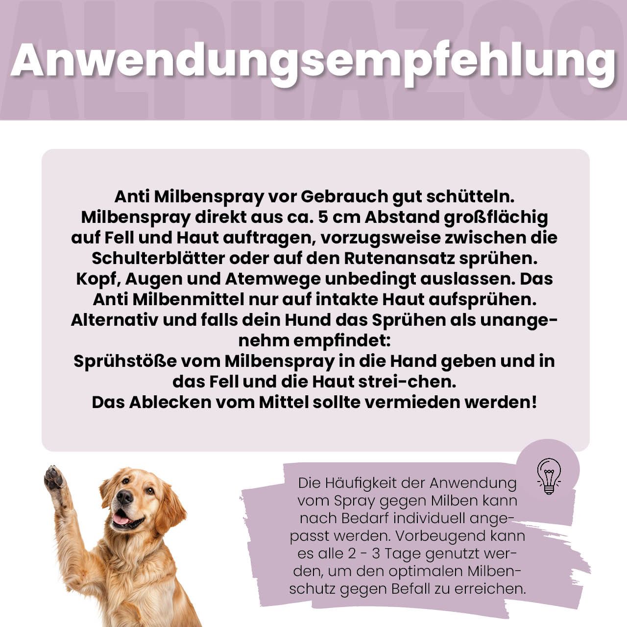 Anwendungsempfehlung. Text: Anti Milbenspray vor Gebrauch gut schütteln. Hund.