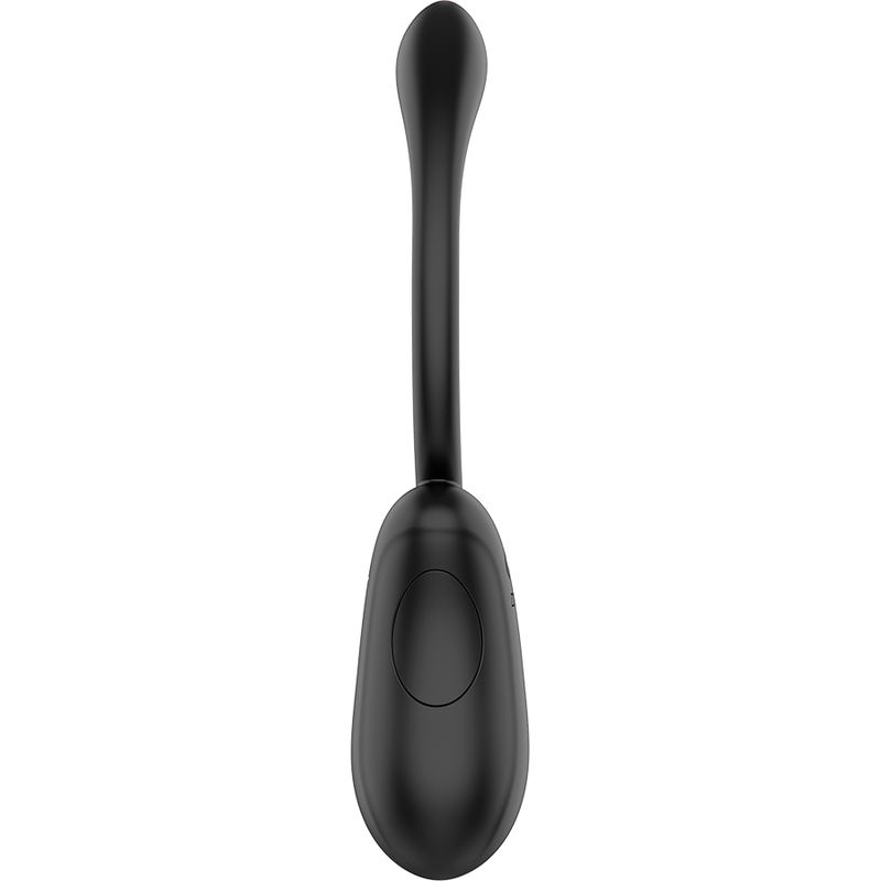 Schwarzer Vibrator mit langem, schlanken Stiel und ovalem Kopf. Oberseite mit Knopf.