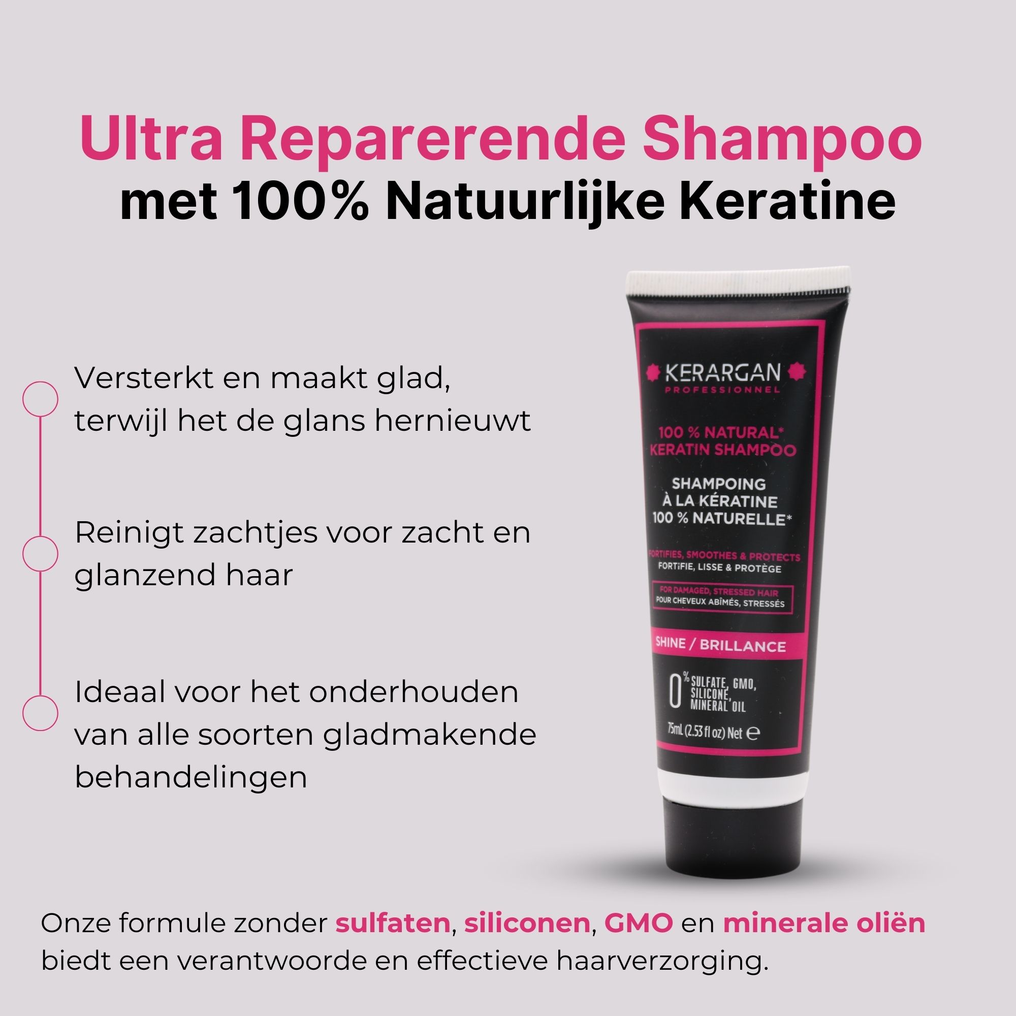 Kerargan shampoo tube. Zwart-roze ontwerp. Tekst: 100% natuurlijk keratine shampoo. 75ml.