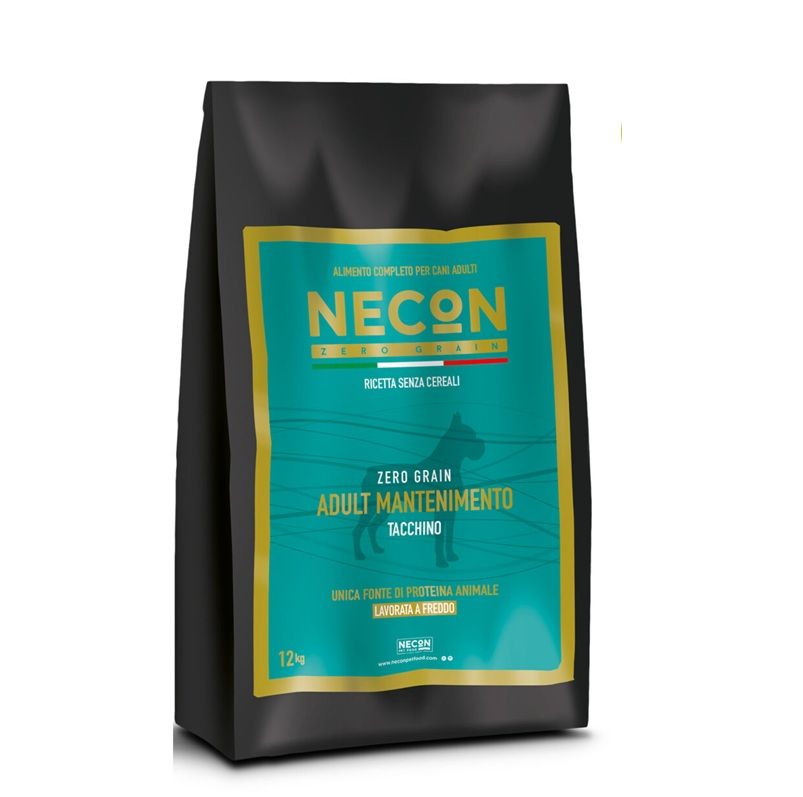 Schwarze Verpackung mit türkisfarbenem Etikett. Aufschrift: Necon, Zero Grain, Adult Mantenimento, Tacchino. Hundesilhouette.