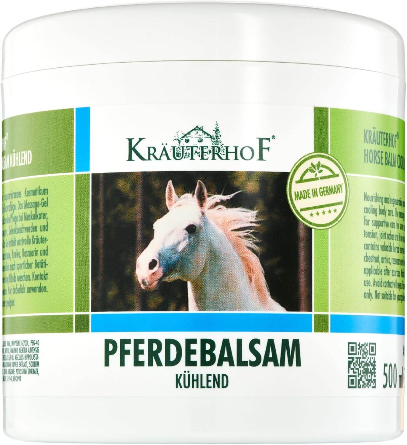 Weißer Tiegel mit Produktetikett. Logo Kräuterhof F, Pferdebalsam kühlend. Made in Germany. Pferdekopf-Illustration.
