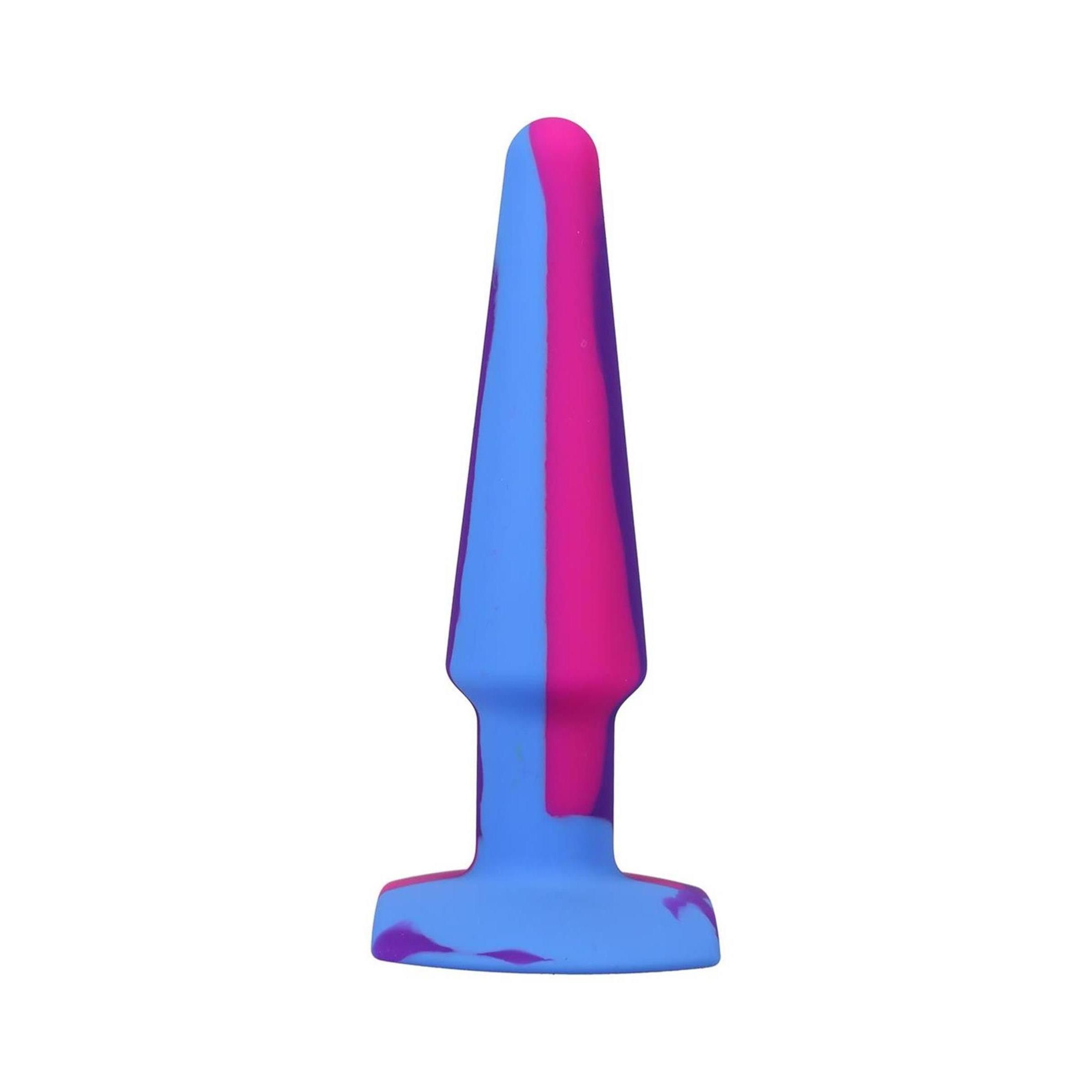 Analplug aus Silikon. Blau, pink und violett. Kegelförmig mit breiter Basis. Glatte Oberfläche.