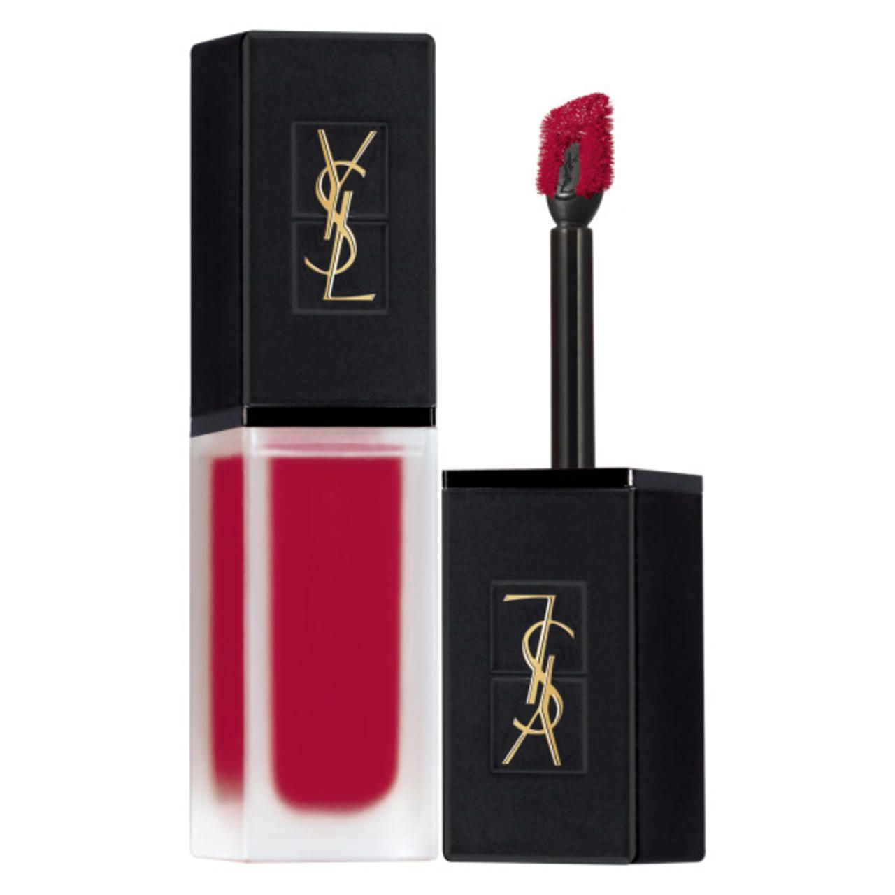 Schwarze Lippenstiftverpackung mit goldenem Logo. Roter Lippenstift mit Applikator. Produktname sichtbar.