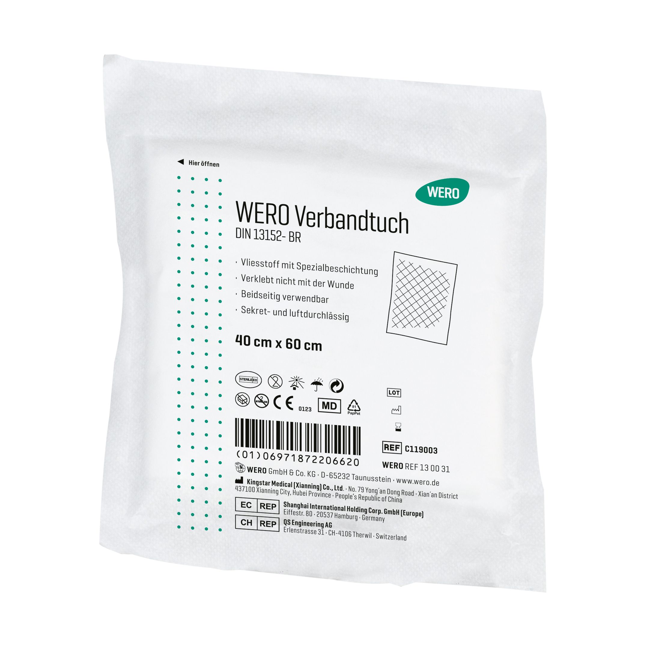 Verbandtuch in weißer Verpackung. Aufdruck: WERO Verbandtuch DIN 13152-BR, 40 x 60 cm. Mit Zertifizierungen und Barcode.