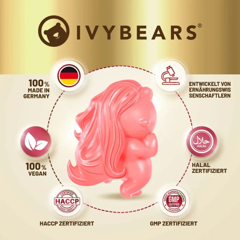 Gummibärchen-Figur, Logos: 100% Vegan, Halal, HACCP, GMP, Made in Germany, Wissenschaftler.