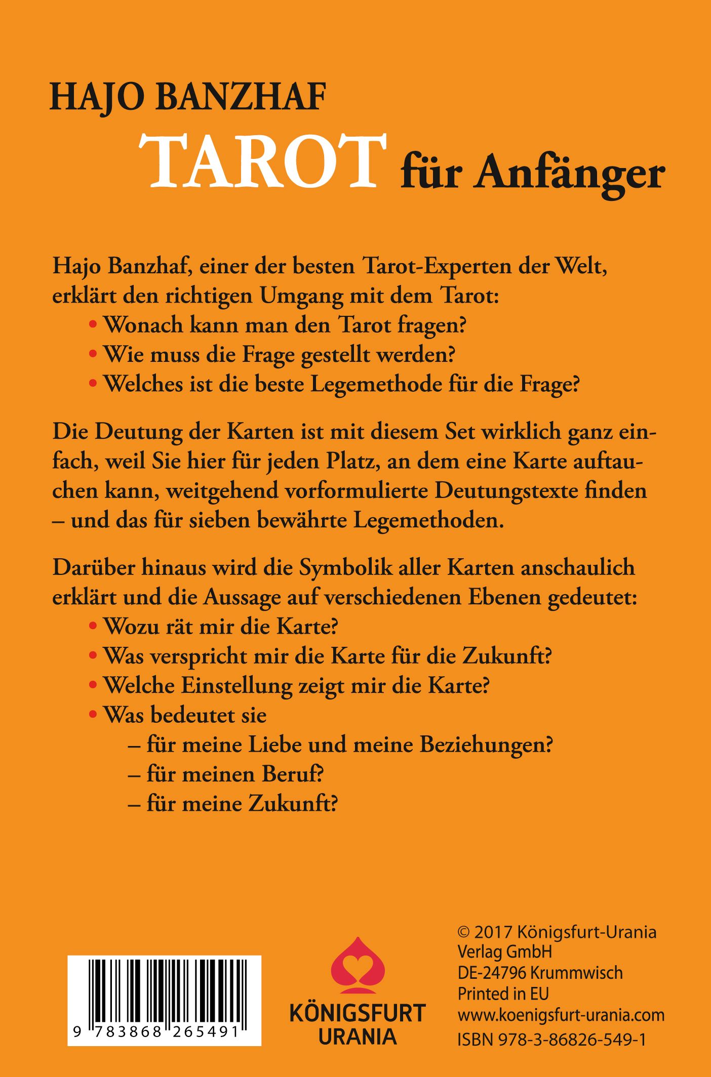 Rückseite des Buches. Titel: Tarot für Anfänger. Autor: Hajo Banzhaf. Text in deutscher Sprache. Verlag: Königsfurt Urania.