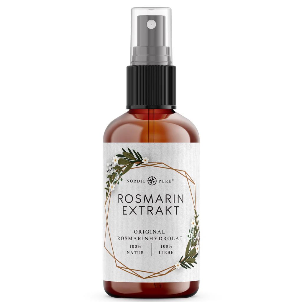 Braune Sprühflasche mit Etikett 'Nordic Pure Rosmarin Extrakt'.