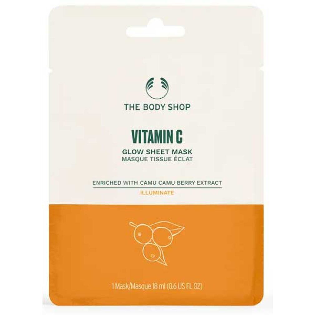 Verpackung der Sheet Maske. Oben weiß, unten orange. Text: The Body Shop, Vitamin C, Glow Sheet Mask, Camu Camu Berry Extract, Illuminate.