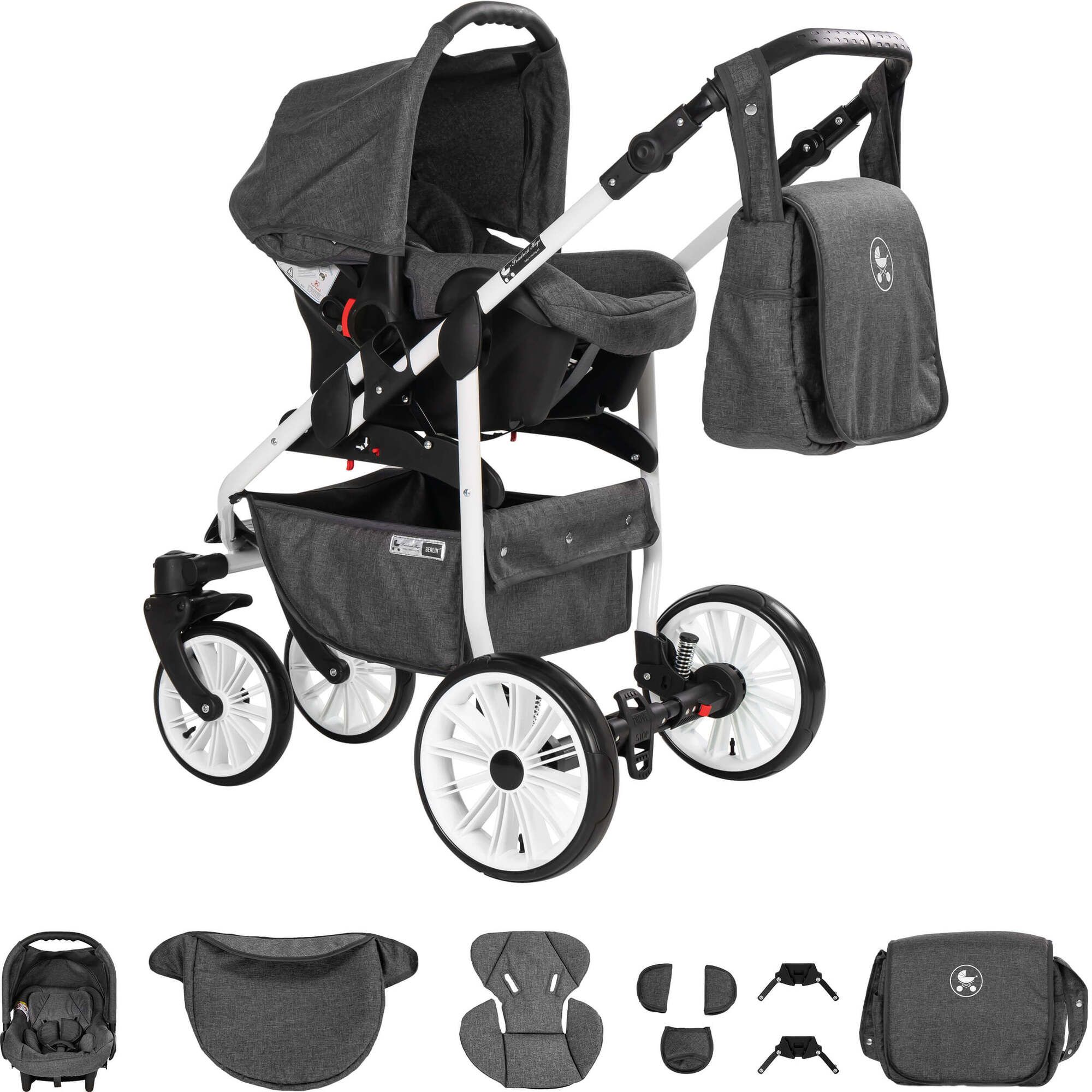 Friedrich Hugo Berlin 4 in 1 Kinderwagen Komplettset ISOFIX Basis  Luftreifen, Dark Grey and Grey Day 1 St - Shop Apotheke
