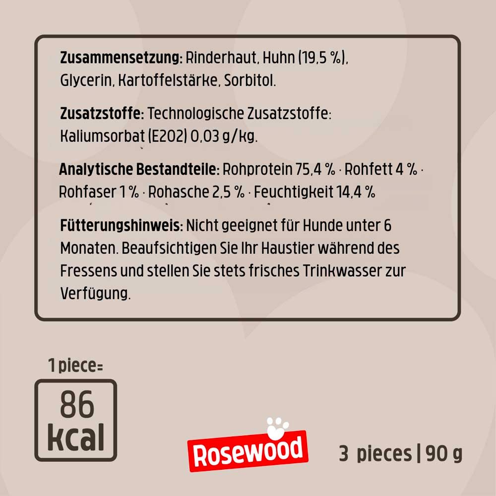 Rückseite der Verpackung mit Informationen. Enthält Nährwertangaben, Inhaltsstoffe und Fütterungshinweise. 86 kcal.