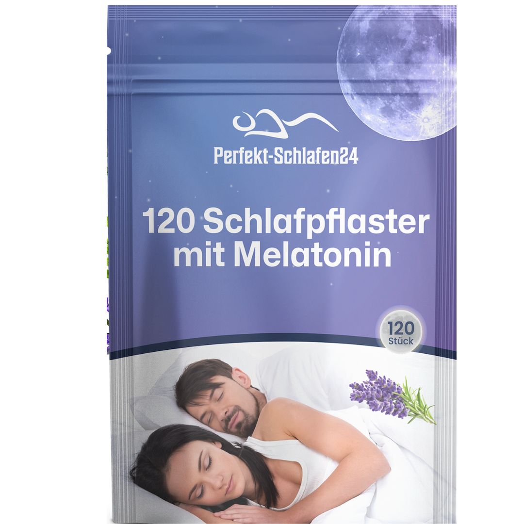 Verpackung mit 120 Schlafpflastern mit Melatonin. Marke: Perfekt-Schlafen24. Abbildung eines Paares im Bett, Mond und Lavendel.