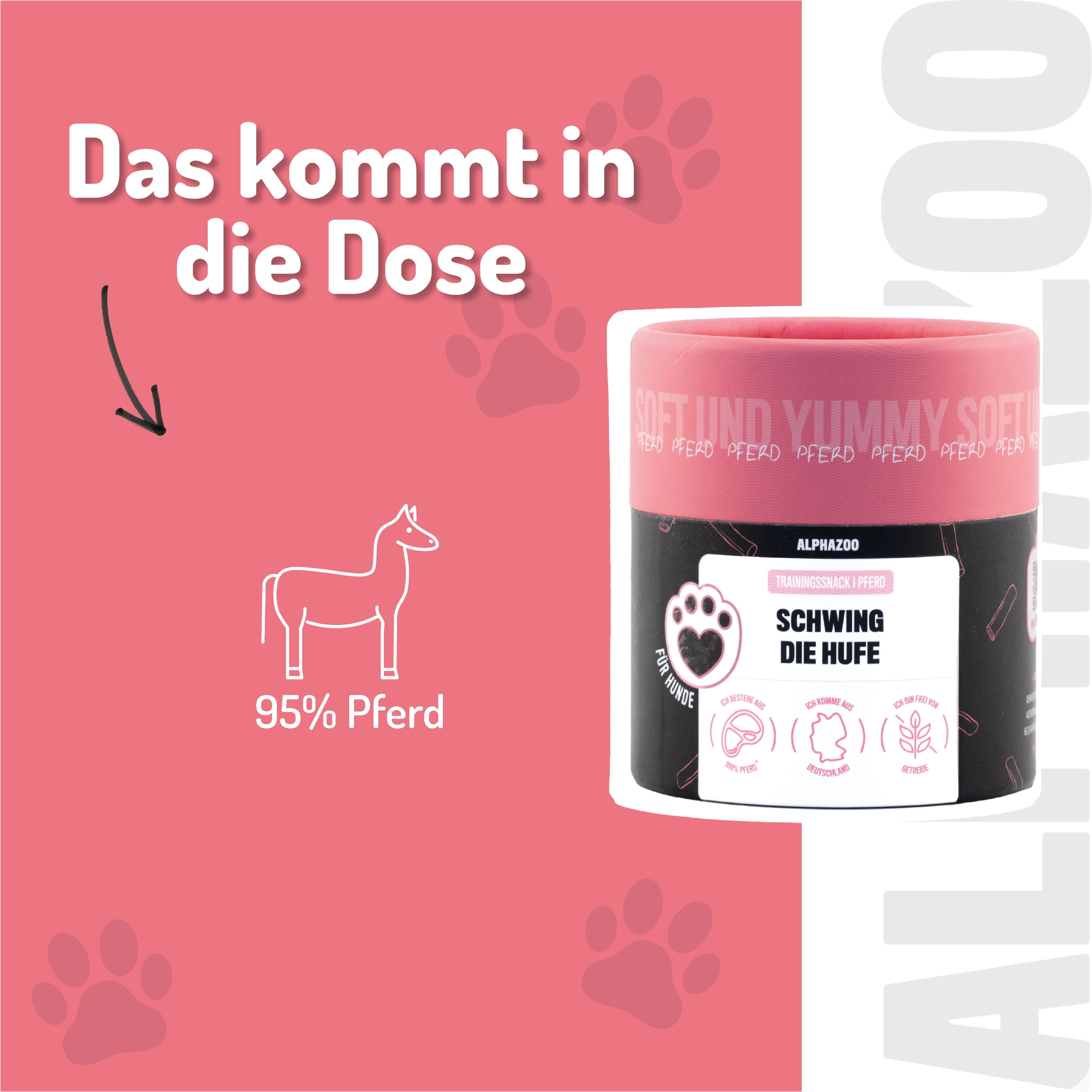 Produkt-Dose mit Text: Das kommt in die Dose. Abbildung: Pferd. Text: 95% Pferd. Pfoten-Symbole.