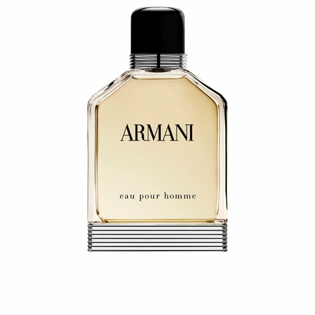Giorgio Armani Eau pour Homme. Eckige Glasflasche mit schwarzem Verschluss. Silberne und schwarze Streifen am Boden. Schriftzug Armani und eau pour homme.