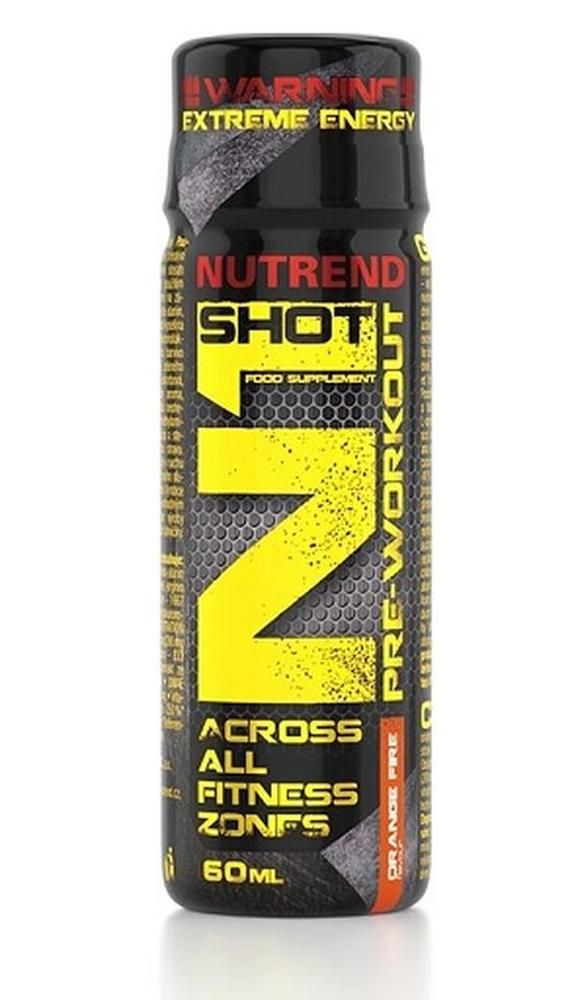 Schwarze Flasche mit gelbem "N1"-Logo und Schriftzug "SHOT". Enthält "PRE-WORKOUT". Orangefarbener Streifen unten. 60 ml.