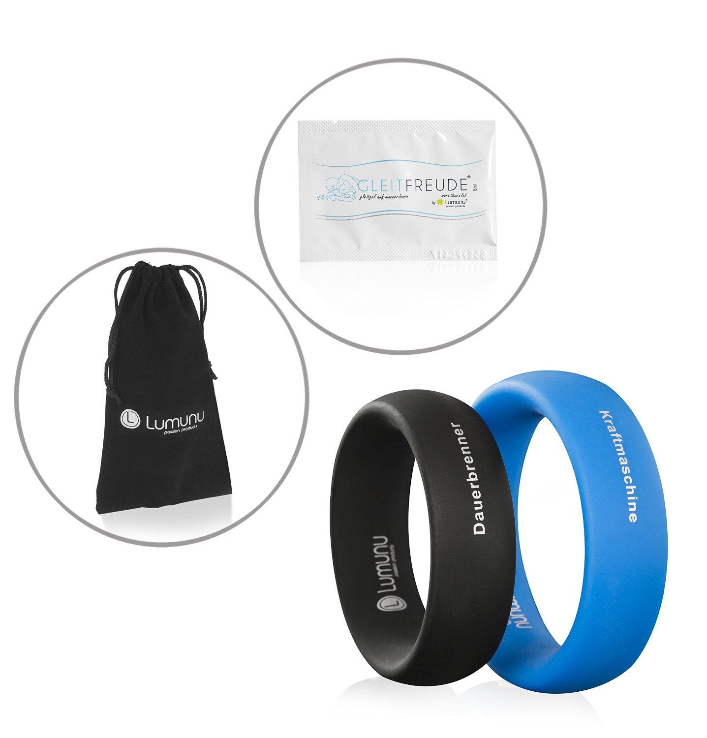 Set mit zwei Ringen, Gleitmittel-Beutel und Beutel. Ringe: schwarz mit "Dauerbrenner", blau mit "Kraftmaschine".