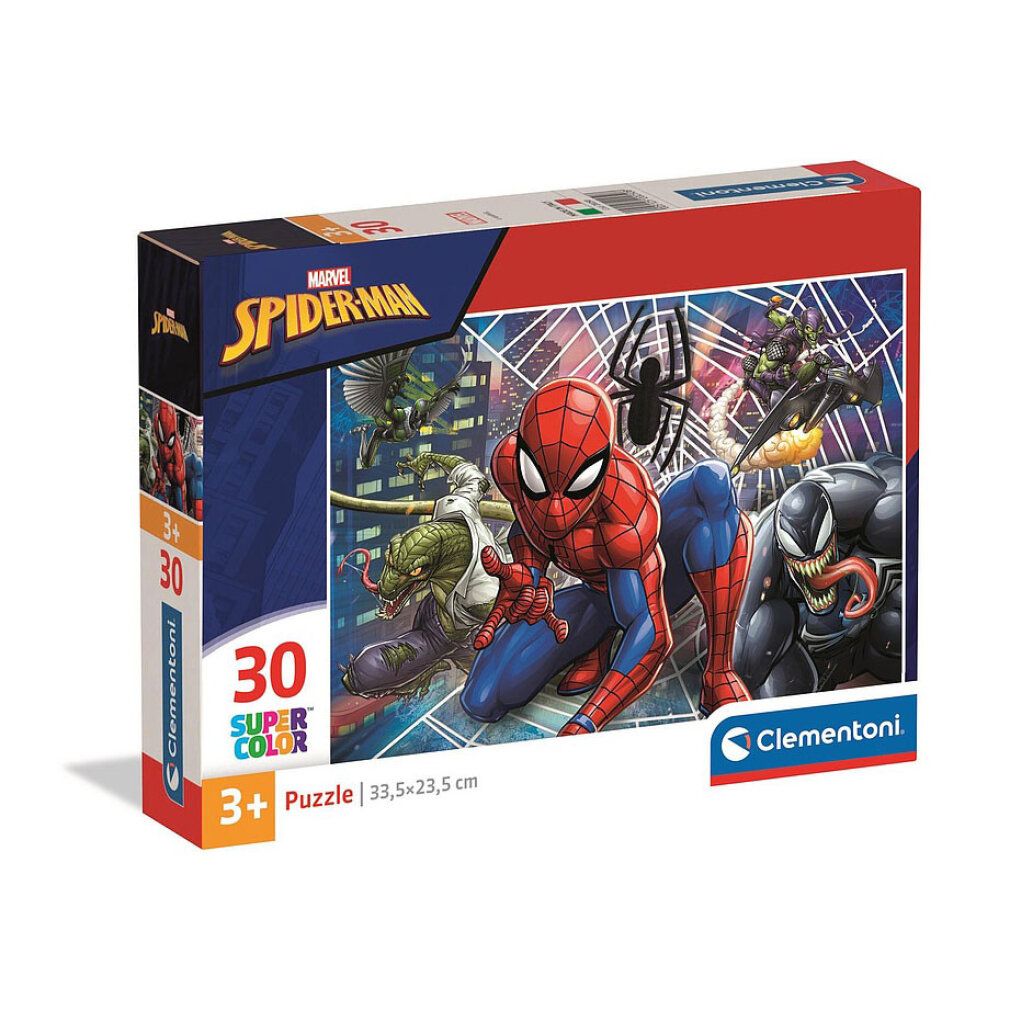 Puzzle-Box mit Marvel Spiderman-Motiv. Enthält 30 Teile. Ab 3 Jahren. Maße: 33,5 x 23,5 cm. Marke: Clementoni.