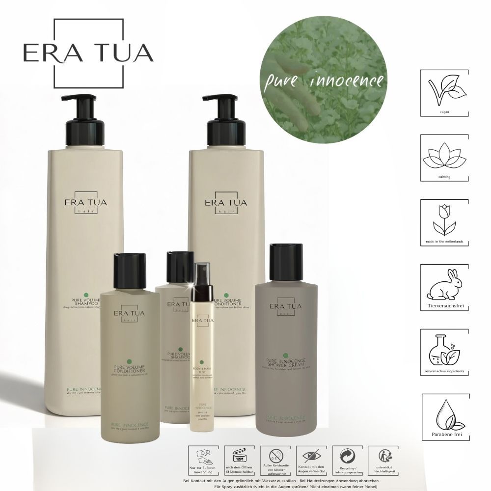 Verschiedene Flaschen und Sprays. Produkte: Conditioner, Shampoo, Serum. Vegan, tierversuchsfrei, ohne Tierversuche.