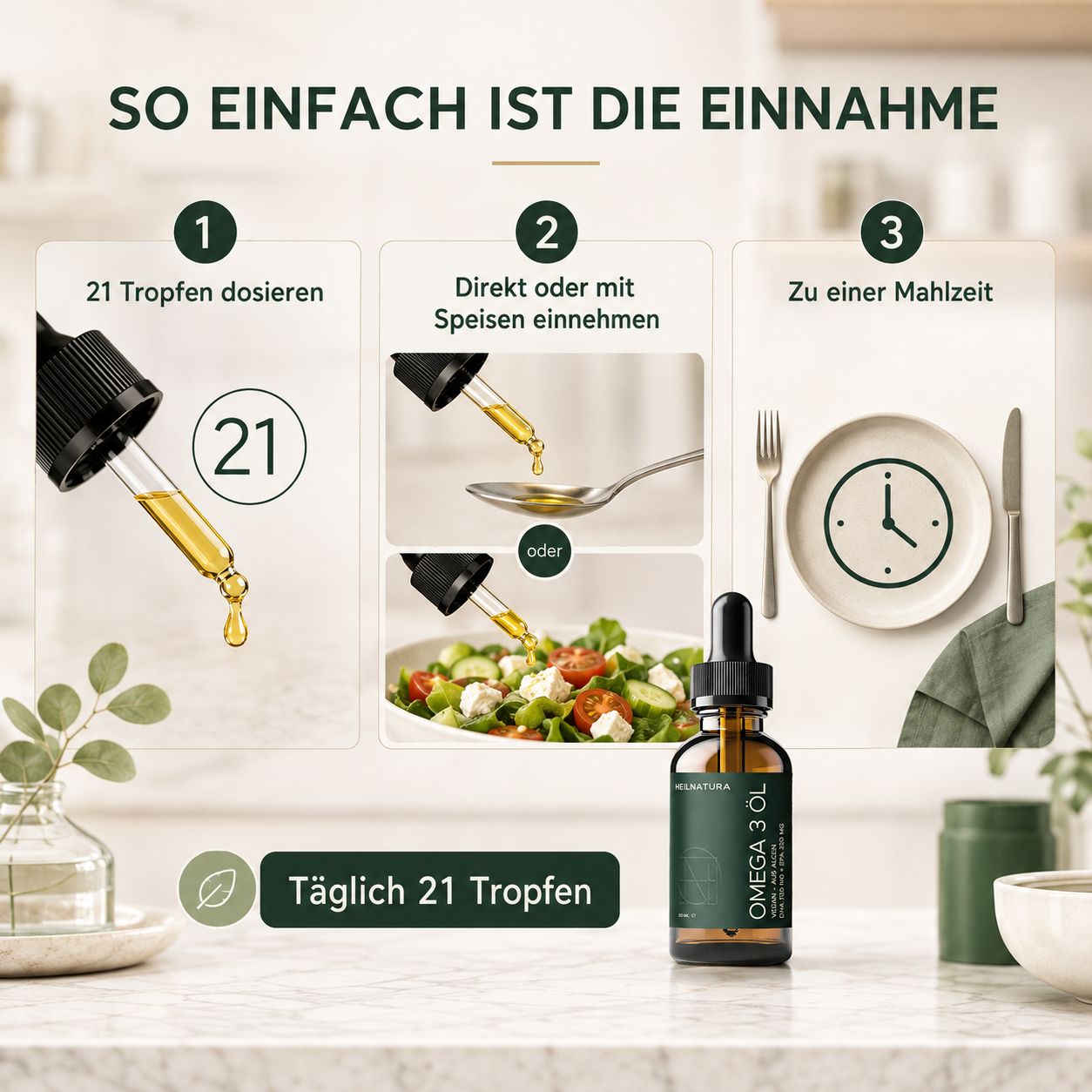 Anleitung zur Einnahme von Omega-3 Algenöl: Tropfen zählen, mit Speisen einnehmen.