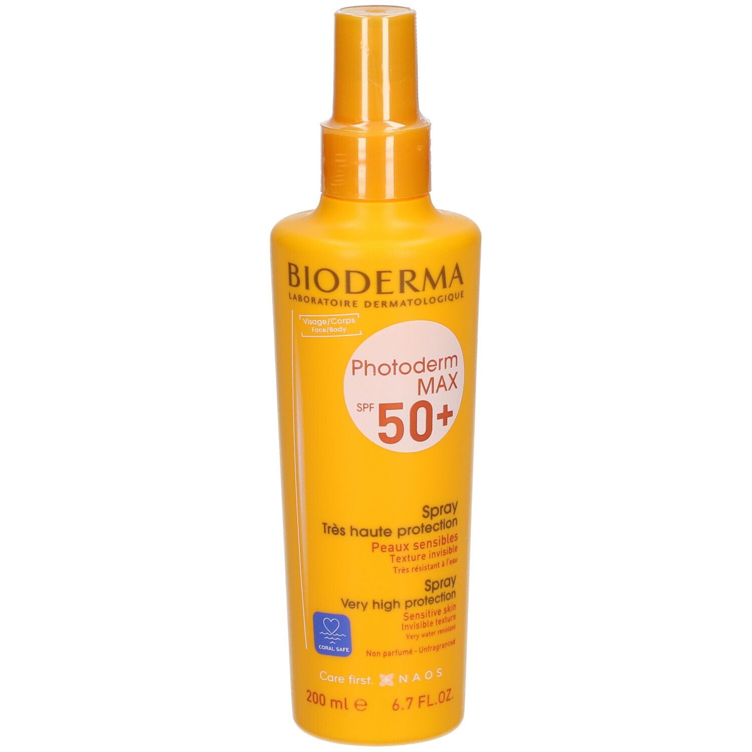 Gelbe Flasche BIODERMA Photoderm MAX Sonnenspray SPF 50+. Sprühkopf. Sehr hoher Schutz. 200 ml.