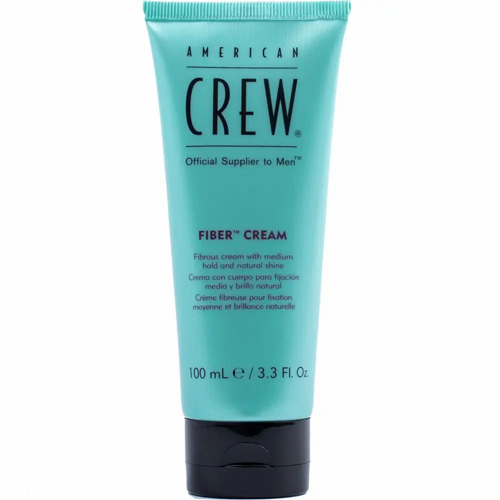 Türkisfarbene Tube mit schwarzem Deckel. Aufschrift: American Crew, Fiber Cream. Volumenangabe: 100 ml.