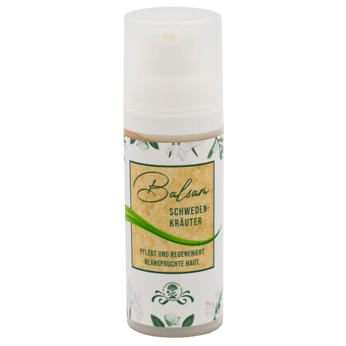 Creme-Spender mit Etikett. Aufschrift: Balsam Schwedenkräuter. Text: Pflegt und regeneriert beanspruchte Haut. Weißer Deckel.