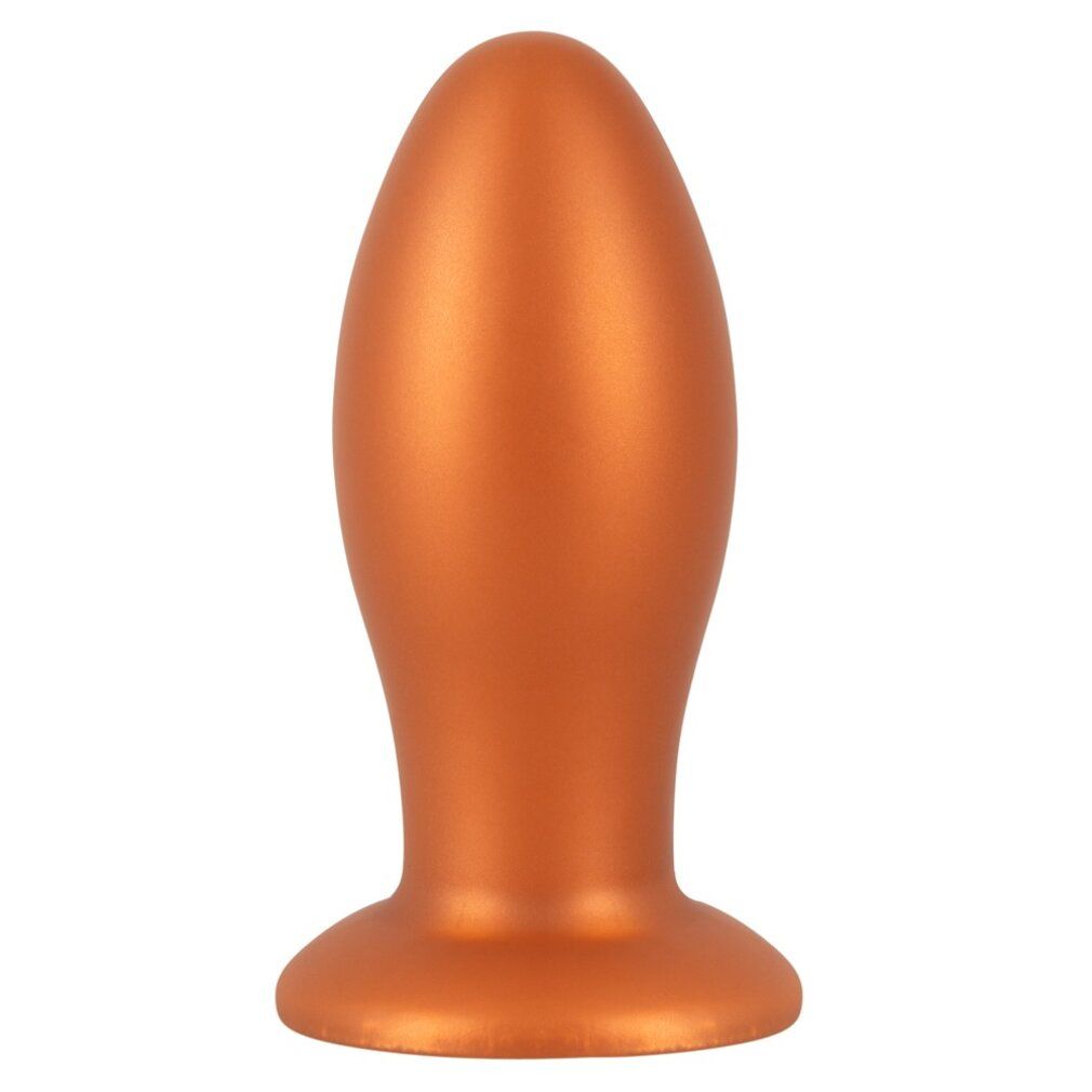 Orangefarbener, weicher Butt Plug. Runde Basis, konische Form. Glatte Oberfläche.