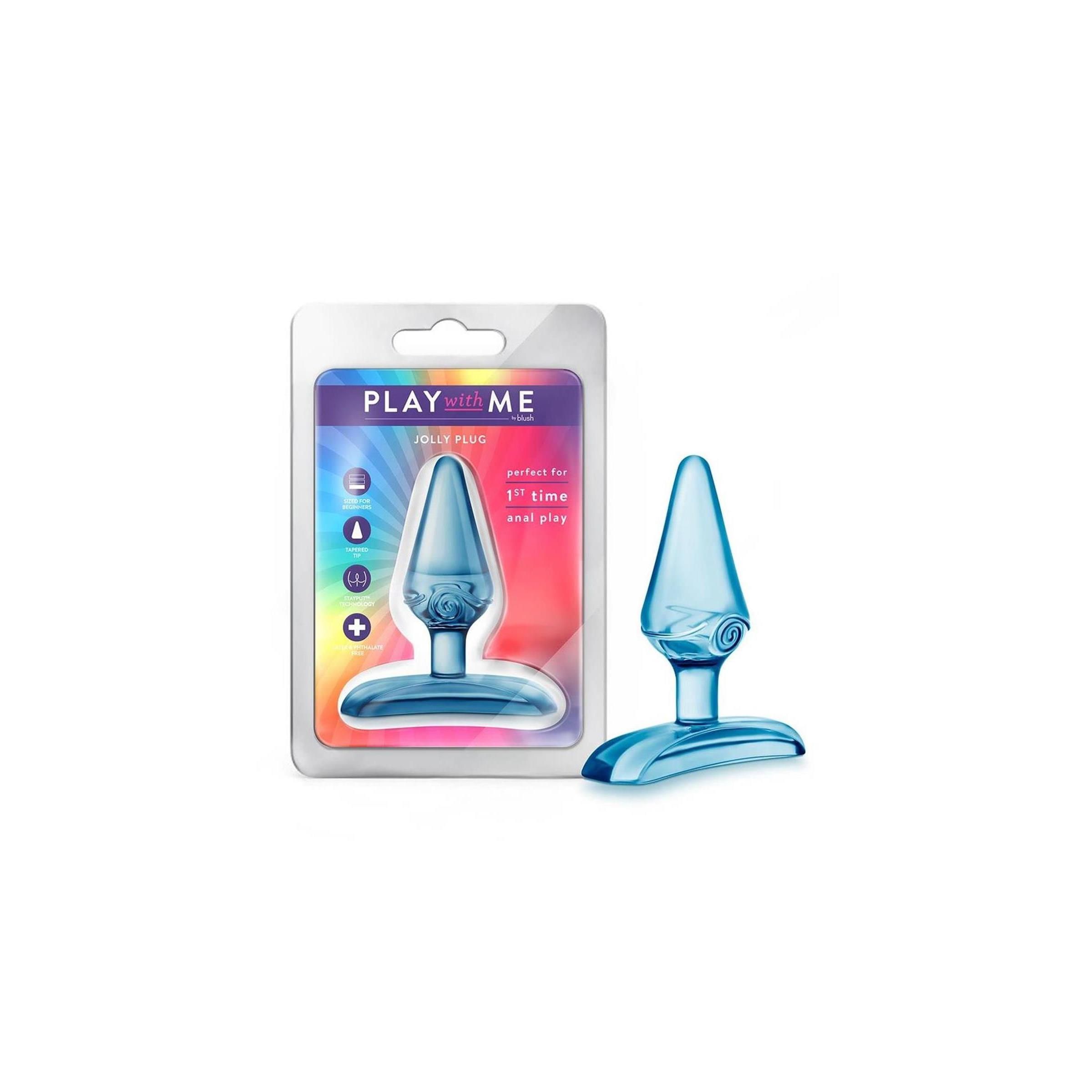 Blauer Analplug in Verpackung. Produktname 'PLAY WITH ME JOLLY Plug BLUE' sichtbar. Blisterverpackung.