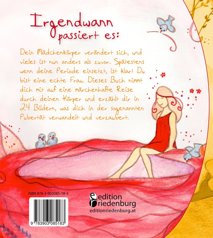 Buchrückseite mit Text. Titel: "Irgendwann passiert es". Illustration einer Frau. Verlag "edition riedenburg". ISBN.