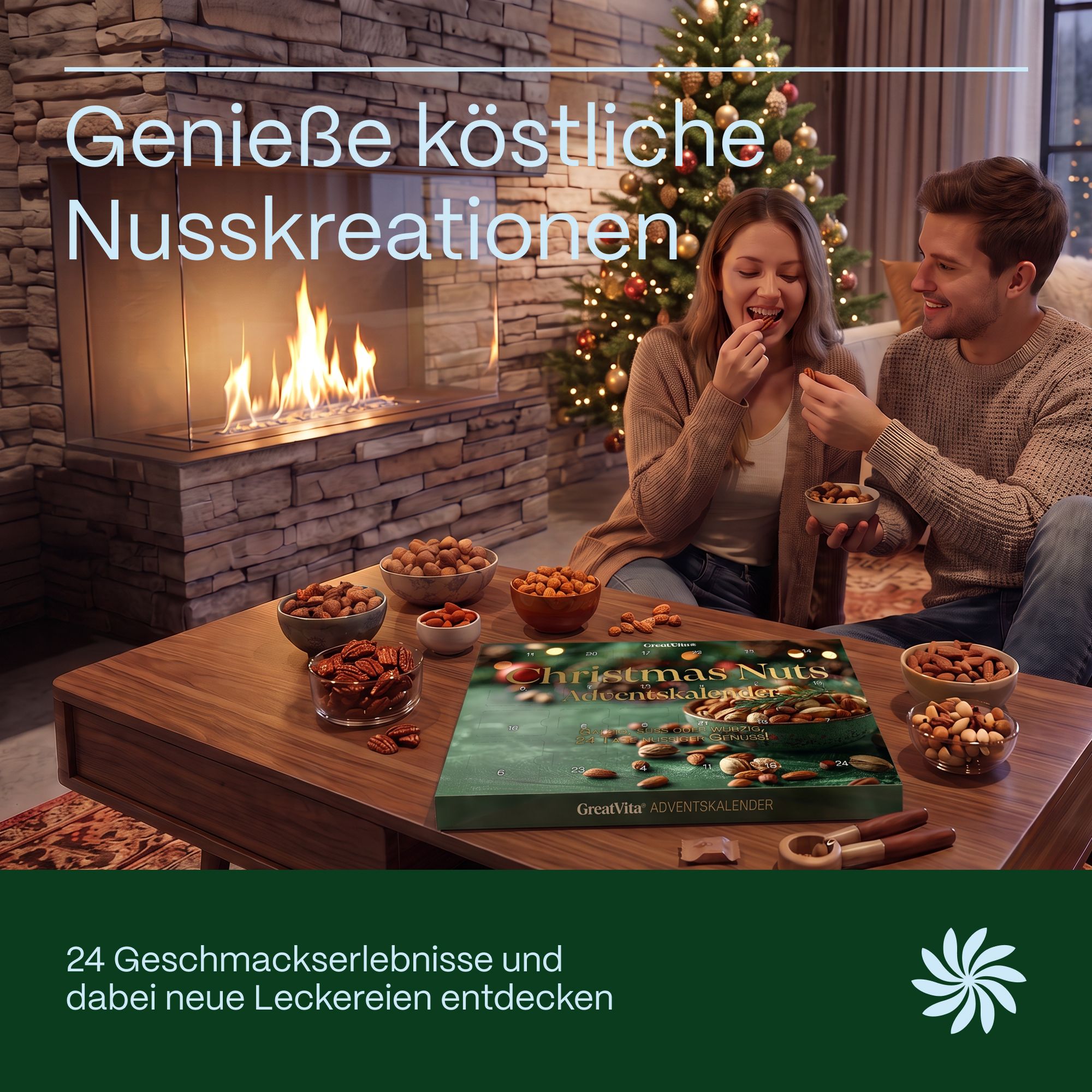 Paar genießt köstliche Nusskreationen aus dem Adventskalender am Tisch, 24 Geschmackserlebnisse.