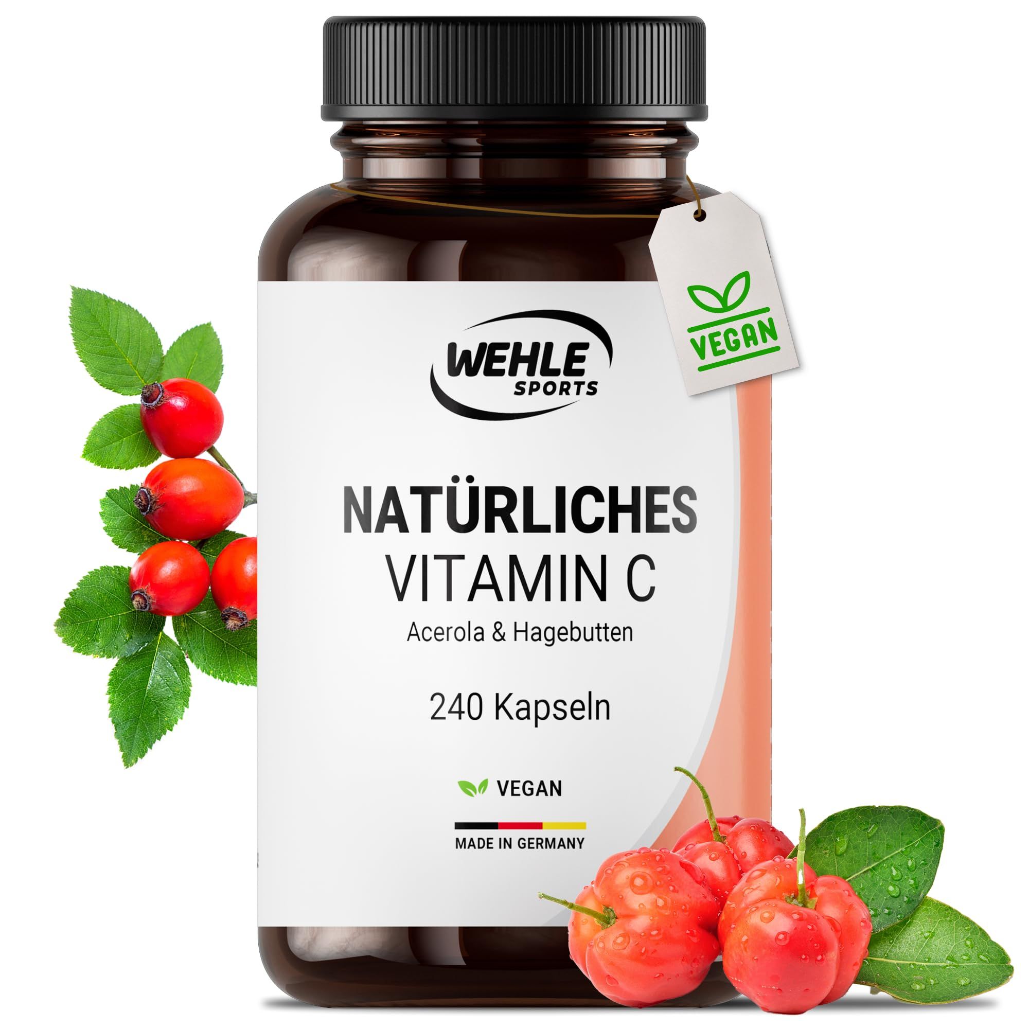 Braune Flasche mit schwarzen Deckel. Aufschrift: Wehle Sports, Natürliches Vitamin C, Acerola & Hagebutte, 240 Kapseln. Vegan-Siegel. Acerola.