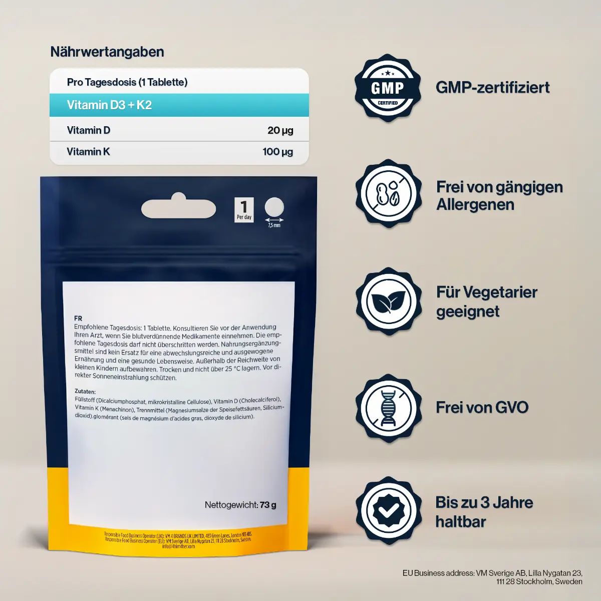 Rückseite der Verpackung mit Nährwertangaben und Siegeln: GMP, allergenfrei, vegetarisch, GVO-frei.