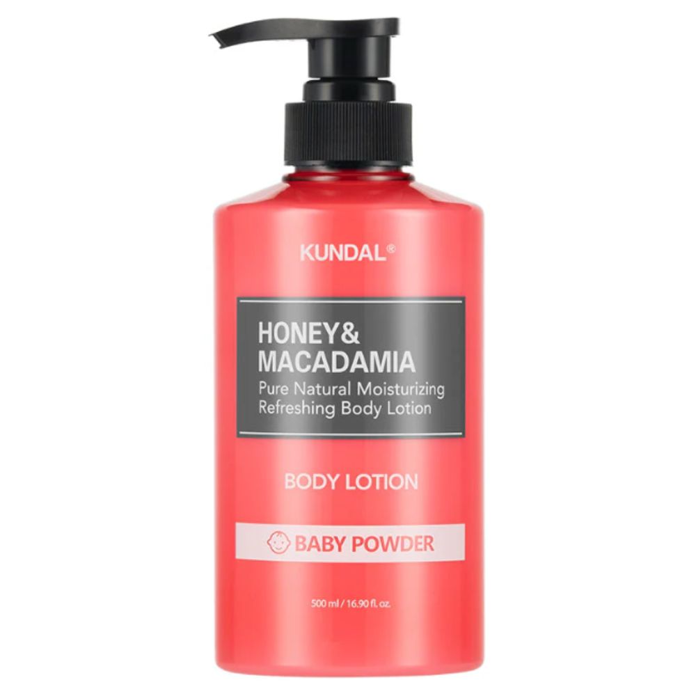 KUNDAL Honey & Macadamia Körperlotion, Baby Powder Duft, 500ml Spenderflasche.