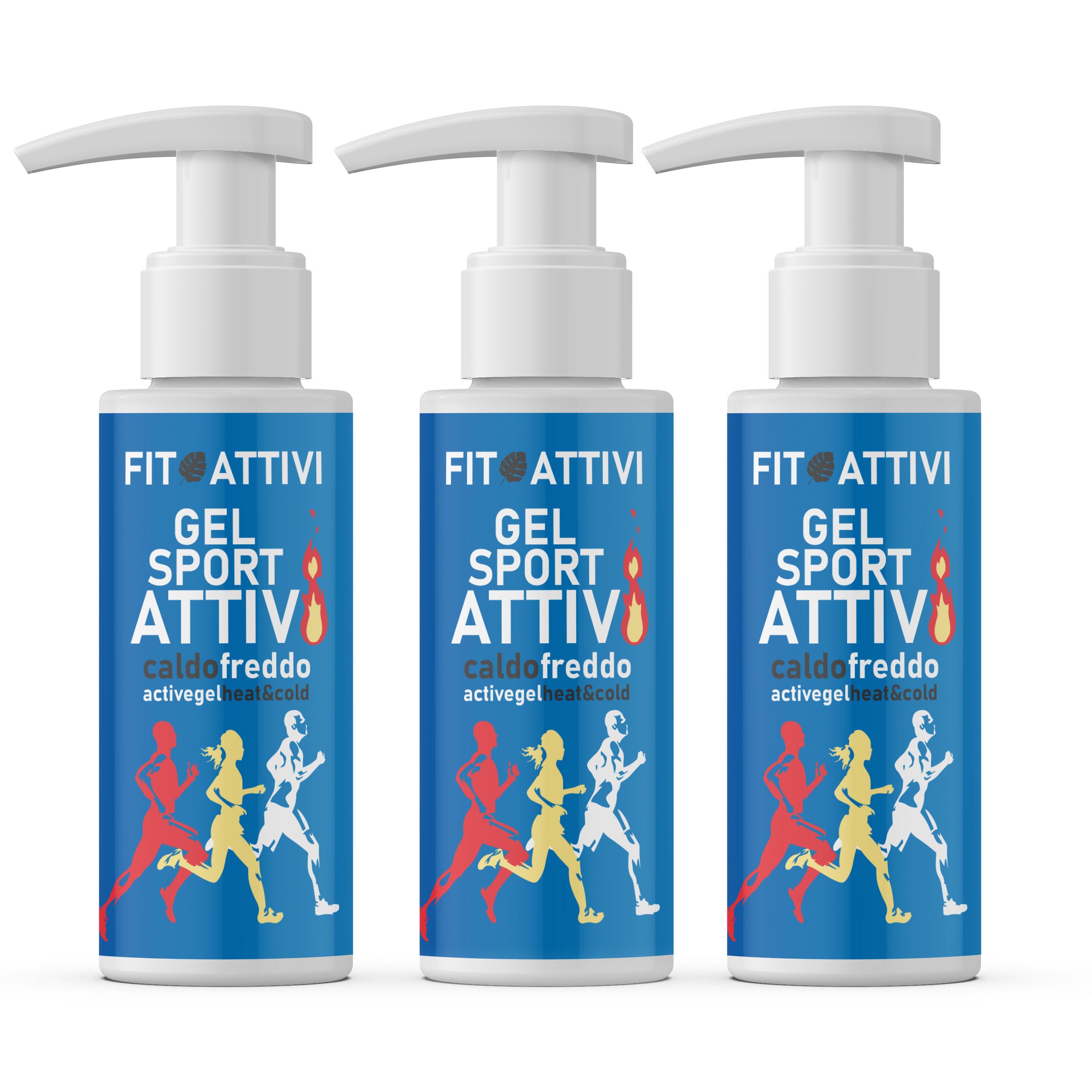 Drei Flaschen mit weißem Pumpkopf. Blaue Etiketten mit Text: FIT ATTIVI GEL SPORT ATTIVI caldofreddo activegel heat&cold. Läufer-Illustration.