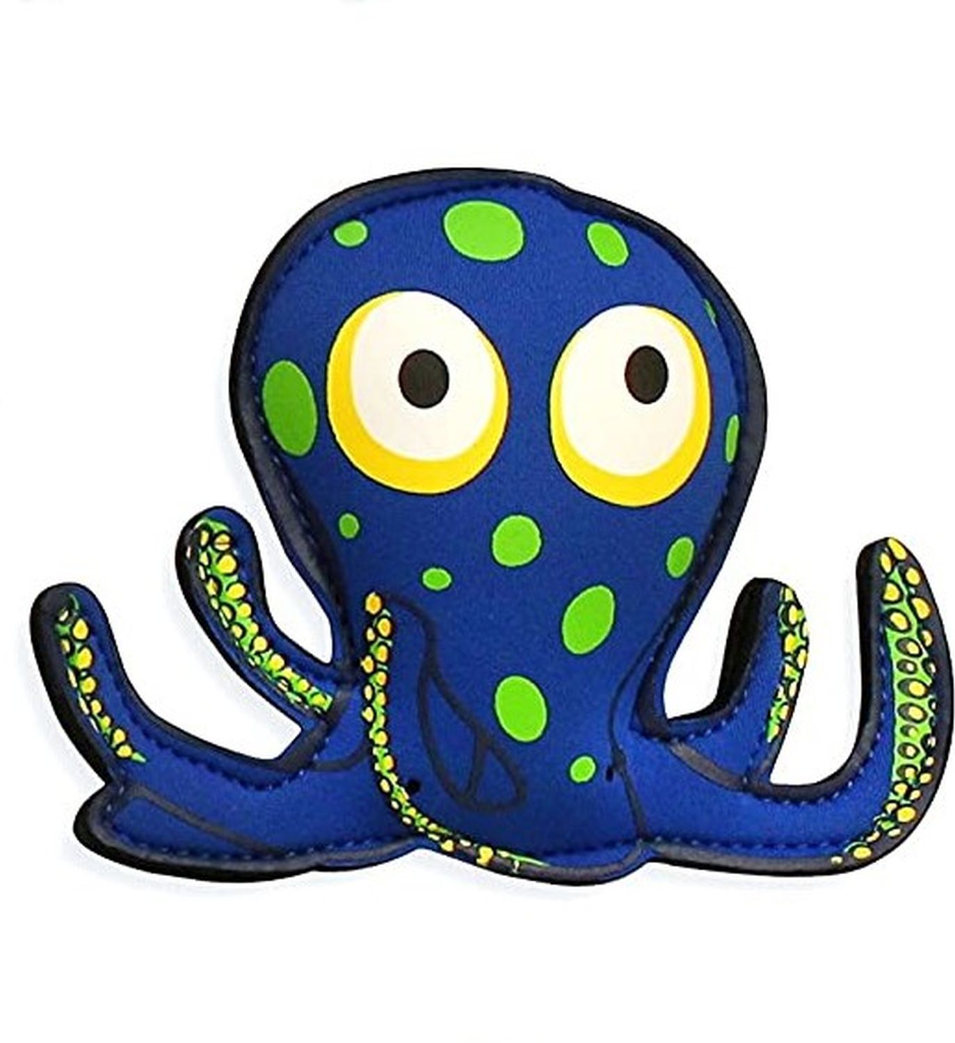 Blauer Oktopus-Wasserspieltier. Gelbe Augen, grüne Punkte. Schwarze Umrandung. Acht Tentakeln. Aufschrift: www.sunflex-sport.com.