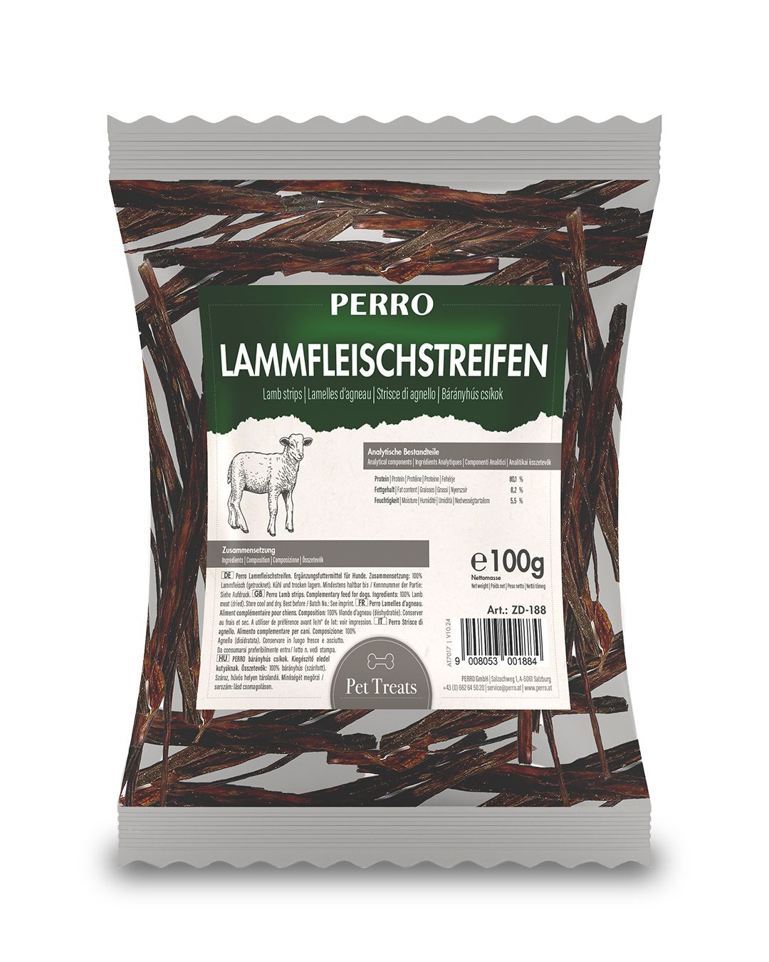 Verpackung mit PERRO Lammfleischstreifen. Braune Streifen, grüne Schrift. Enthält ein Bild eines Schafes und die Aufschrift "e100g".