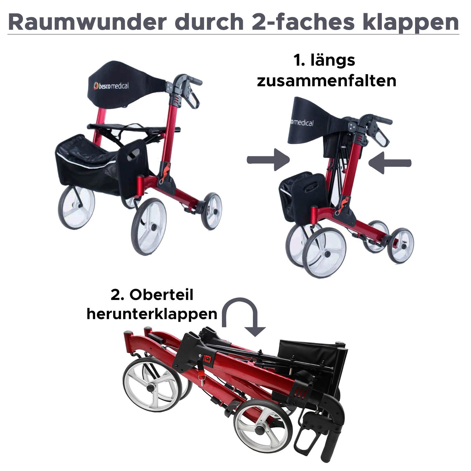 Reise Rollator COMPACT - zweifach klappbarer Leichtgewichtrollator - bescomedical