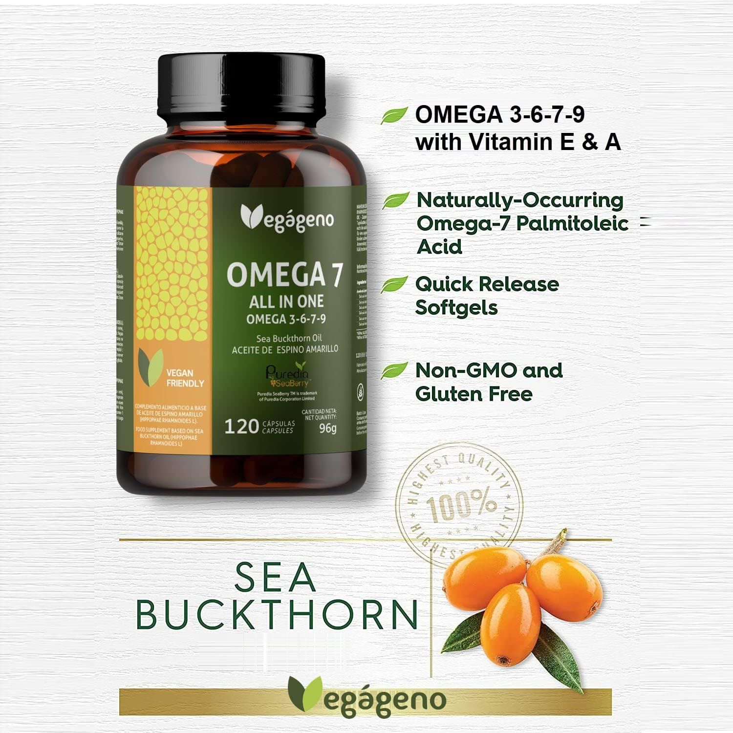 Vegagenu Omega 7 Flasche mit Meeresdornbeeren und Text über Vitamine E & A.
