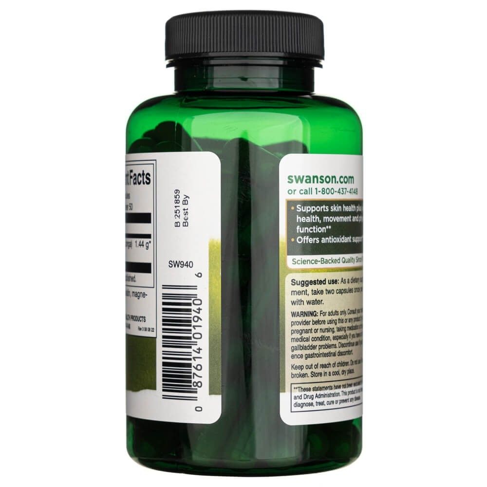 Seite der Swanson Kurkuma Flasche mit Anwendungshinweisen und Website.