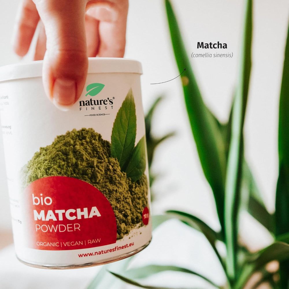 Person hält Dose mit Bio Matcha Pulver. Grün, mit Blättern und Text. Matcha (camellia sinensis) daneben.