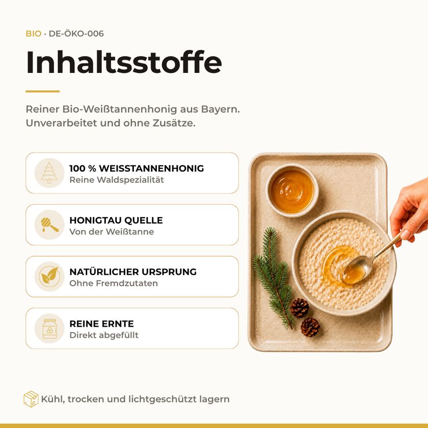 Schale mit Haferbrei, garniert mit Weißtannenhonig und einem Tannenzweig. Hand fügt Honig hinzu.