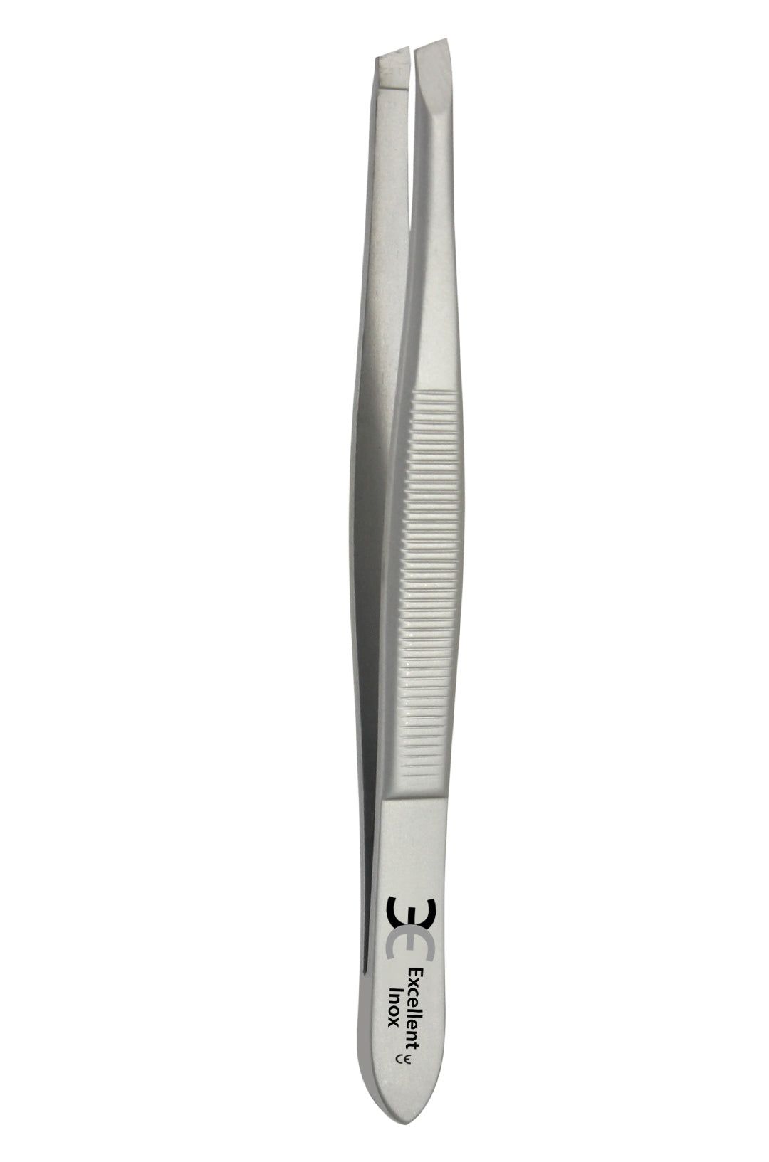 Schräge Pinzette aus Edelstahl. Geriffelte Grifffläche. Aufschrift "Excellent Inox".
