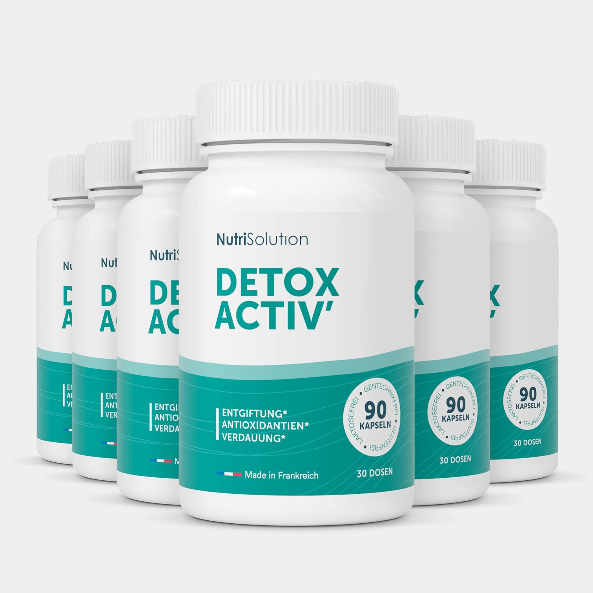 Sechs Flaschen NutriSolution Detox Activ mit je 90 Kapseln. Hergestellt in Frankreich.