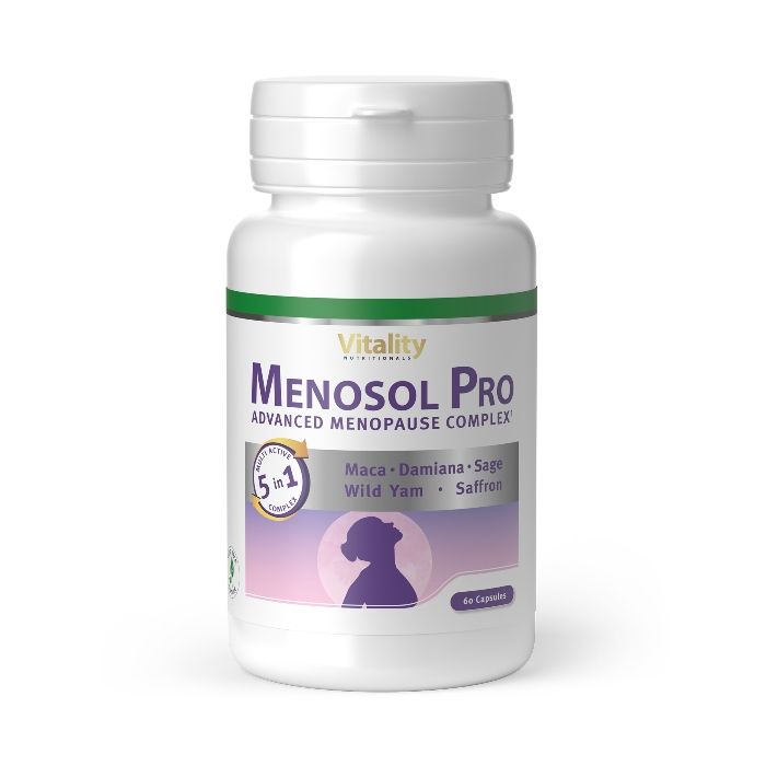 Weiße Flasche mit Menosol Pro. Aufschrift: Advanced Menopause Complex. Enthält 60 Kapseln. Mit Inhaltsstoffen wie Maca und Safran.