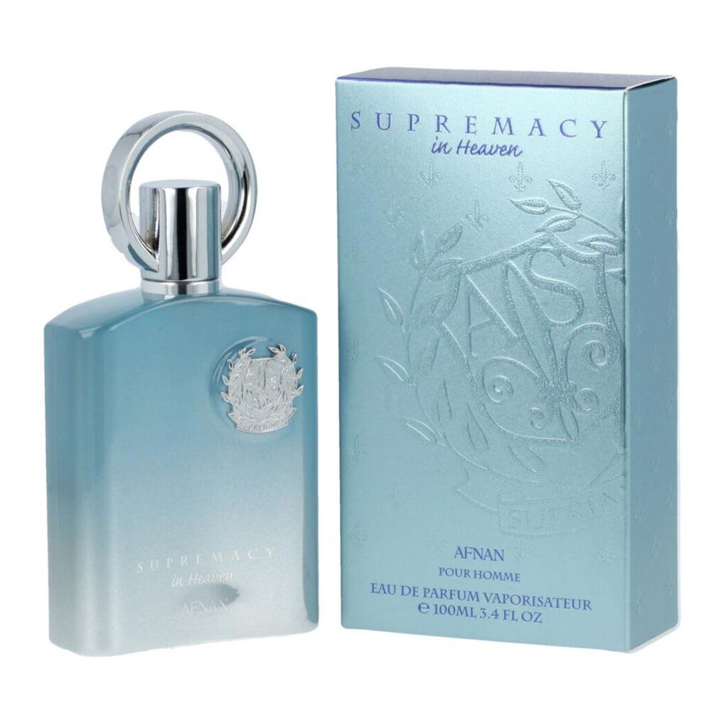 Hellblaues Eau de Parfum mit silbernem Verschluss und Verpackung. Aufschrift: Supremacy in Heaven, Afnan. Flakon und Schachtel.