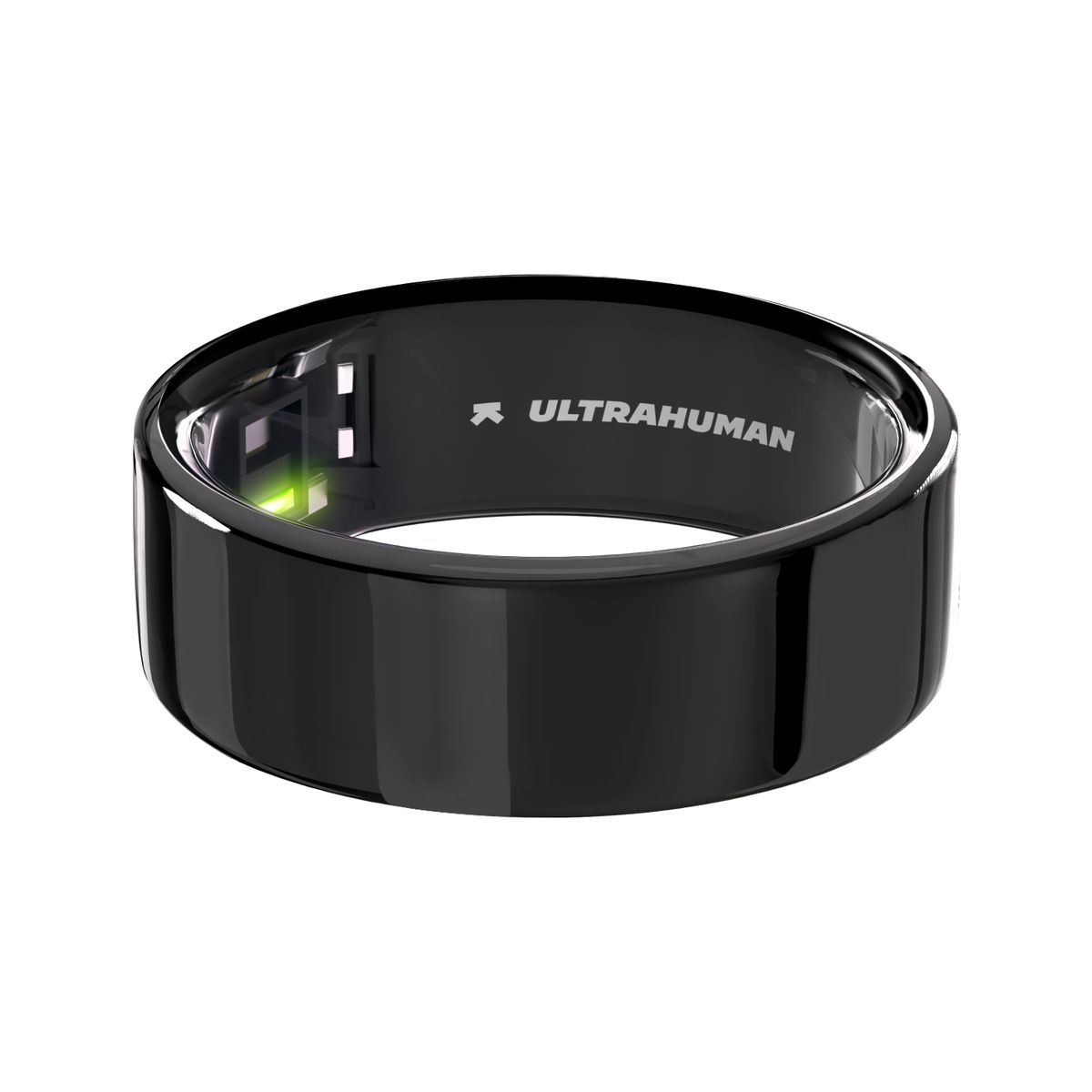 Schwarzer Ring mit 'ULTRAHUMAN' Schriftzug. Sichtbare Sensoren mit grünem Licht.